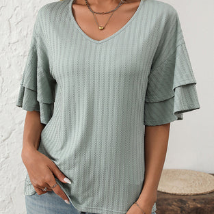 Ruffle Sleeve V-Neck T-Shirt