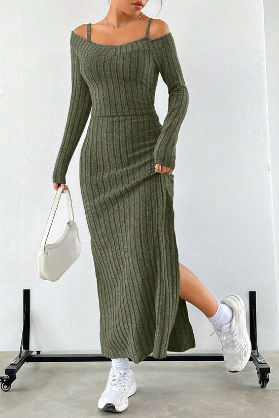 Off-Shoulder Ribbed Dress Set