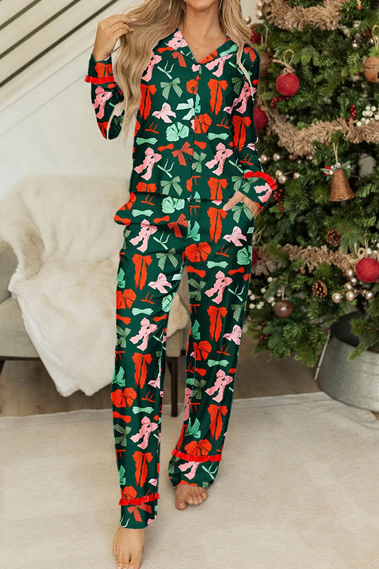 Festive Bow Print 2-Piece Pajama Set