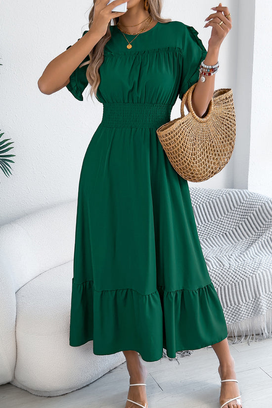 Ruffled Short Sleeve Casual Midi Dress