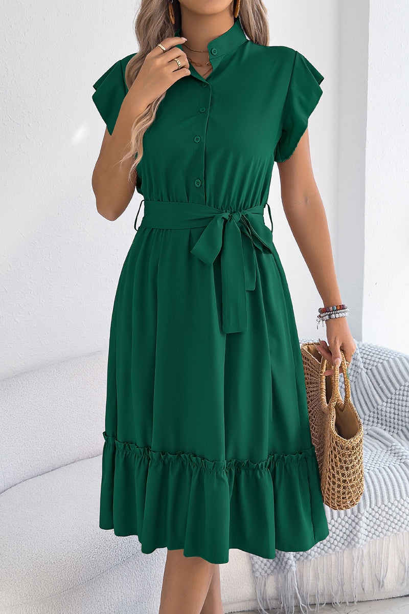 Ruffled Button-Up Belted Casual Dress
