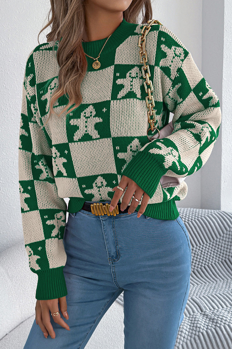 Festive Checkered Sweater with Gingerbread Design