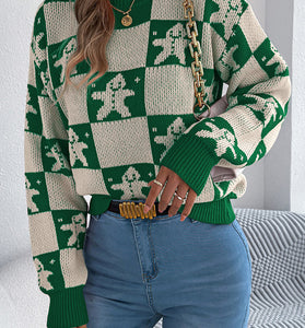 Festive Checkered Sweater with Gingerbread Design