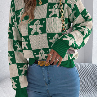 Festive Checkered Sweater with Gingerbread Design