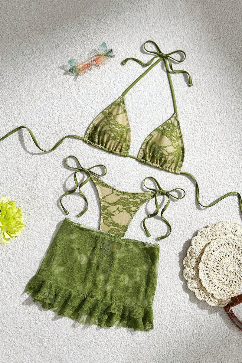 Lace Tie Bikini Set with Skirt Cover-Up