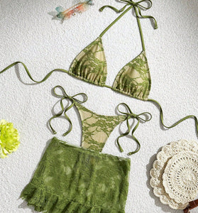 Lace Tie Bikini Set with Skirt Cover-Up
