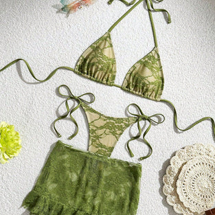 Lace Tie Bikini Set with Skirt Cover-Up