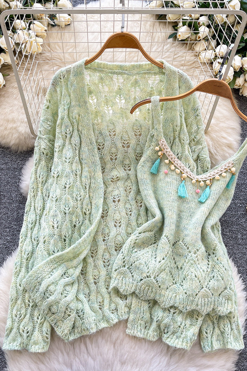 Hollow Knit Cardigan and Cami Set