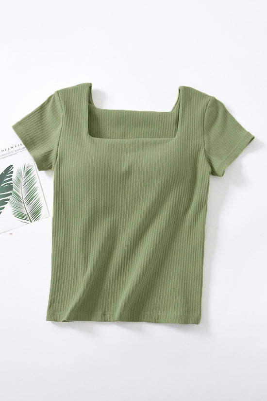 Square Neck Ribbed Short Sleeve Top