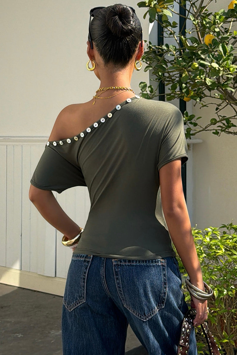 Button-Trim Off-Shoulder Bodycon Top