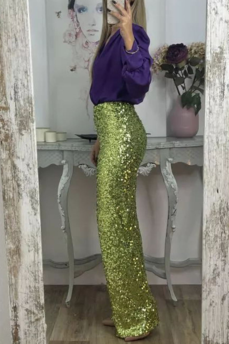 Sparkling Sequin High-Waist Casual Pants