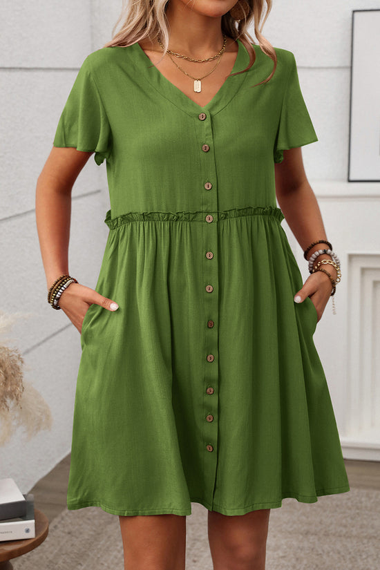 Button-Up V-Neck Casual Dress