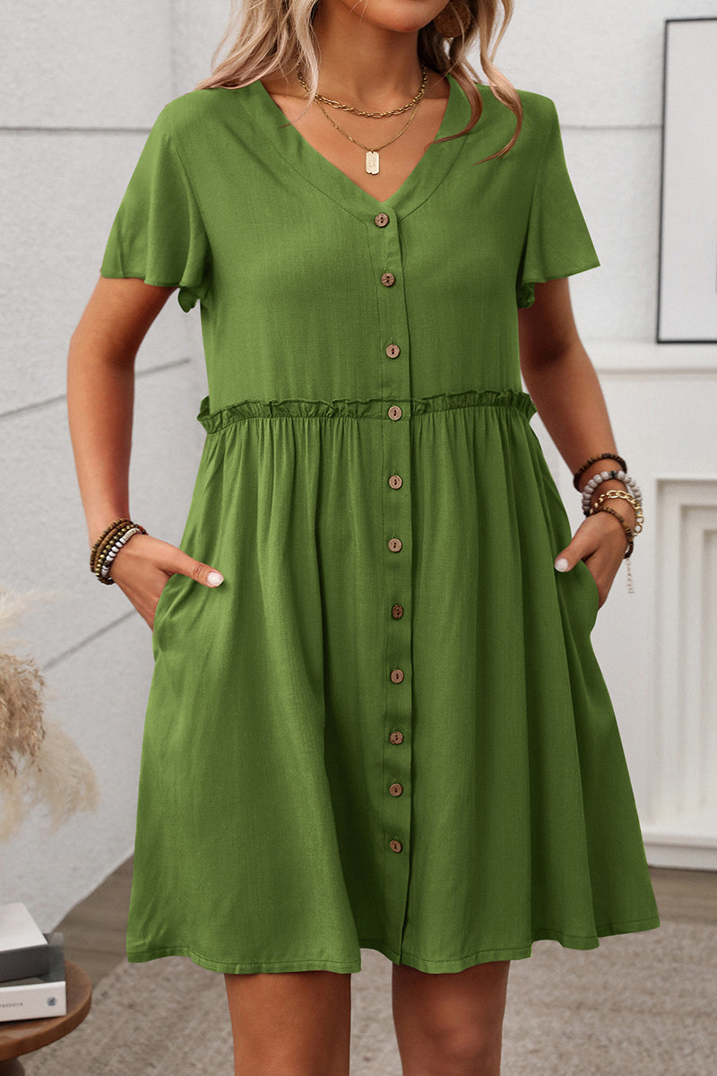 Button-Up V-Neck Casual Dress