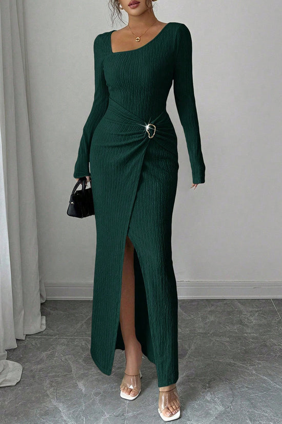 Asymmetric Ruched Long Sleeve Bodycon Dress