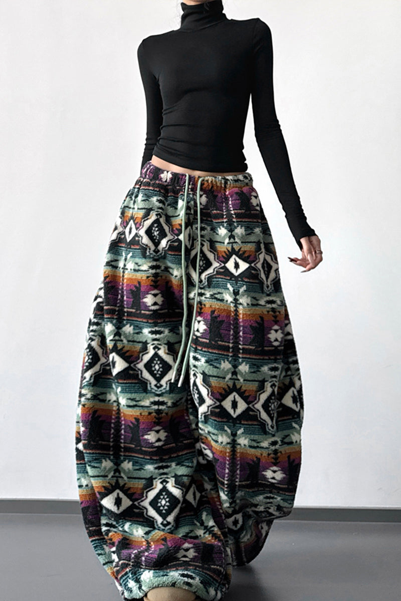 Tribal Pattern Wide-Leg Casual Pants