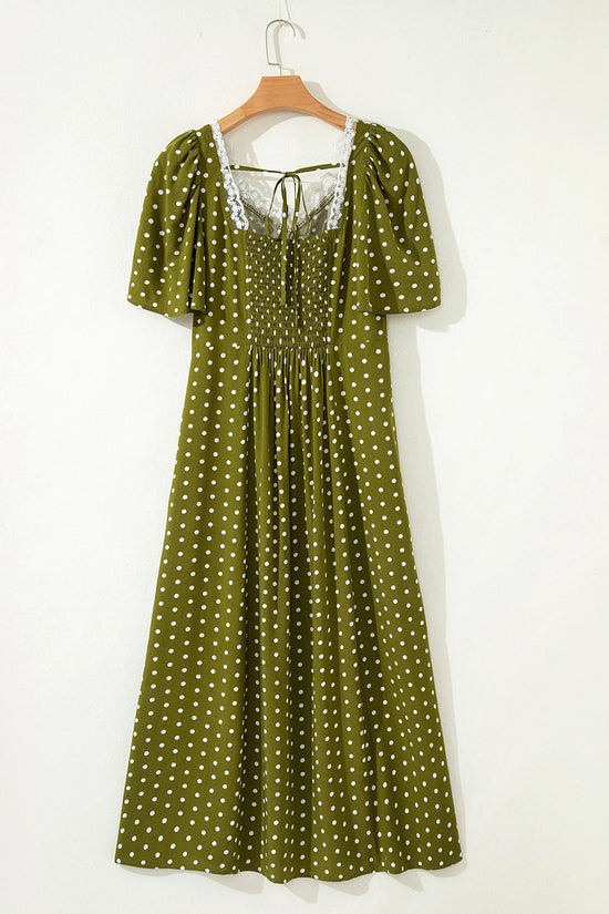 Polka Dot Lacy Neck Smocked Maxi Dress