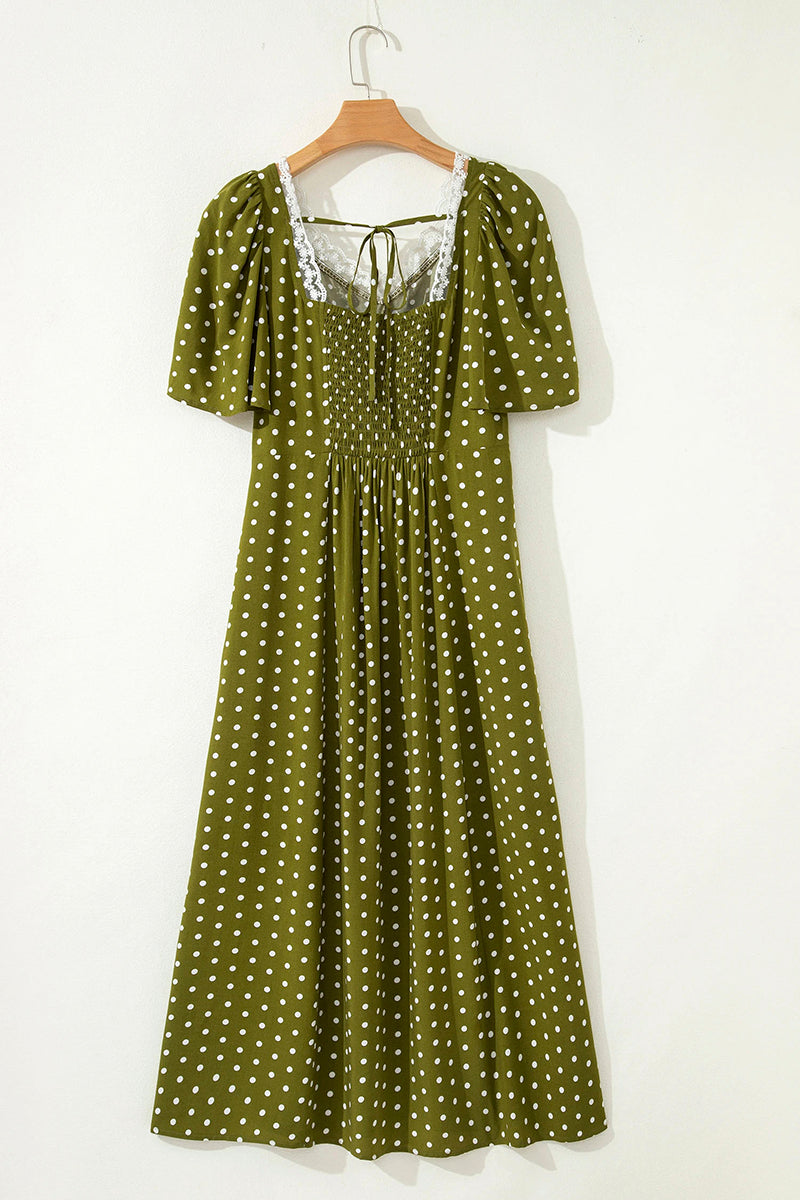 Polka Dot Lacy Neck Smocked Maxi Dress