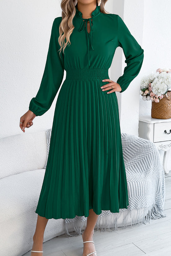 Ruffled Neck Pleated Midi Dress