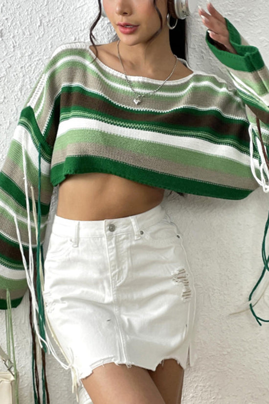 Striped Crop Sweater with Fringe Details