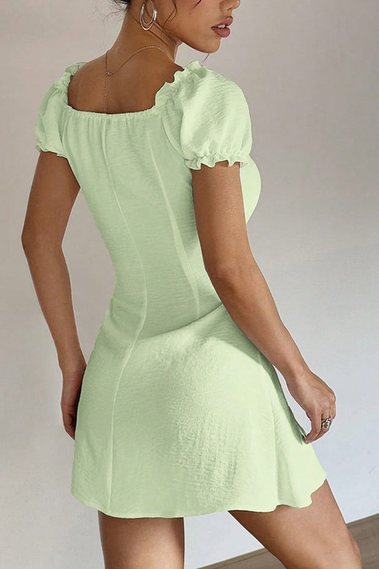 Button-Front Puff Sleeve Mini Dress