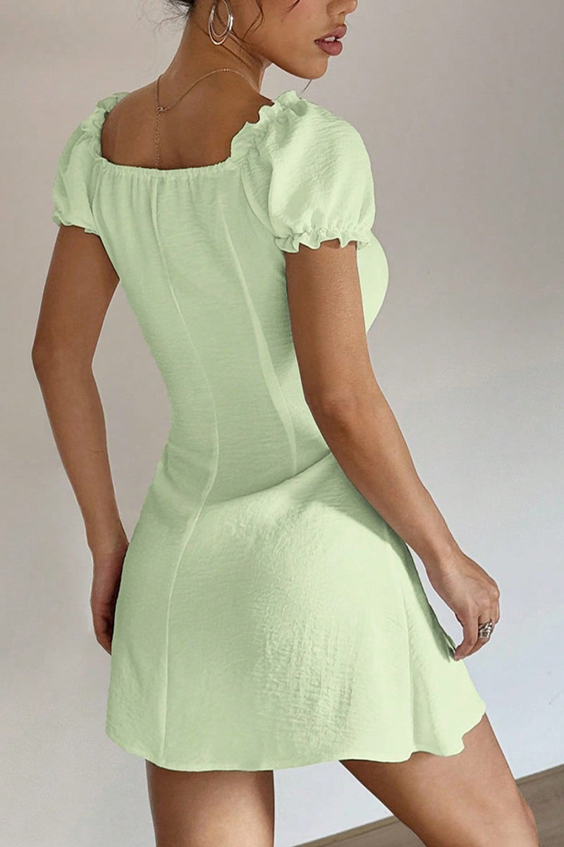 Button-Front Puff Sleeve Mini Dress