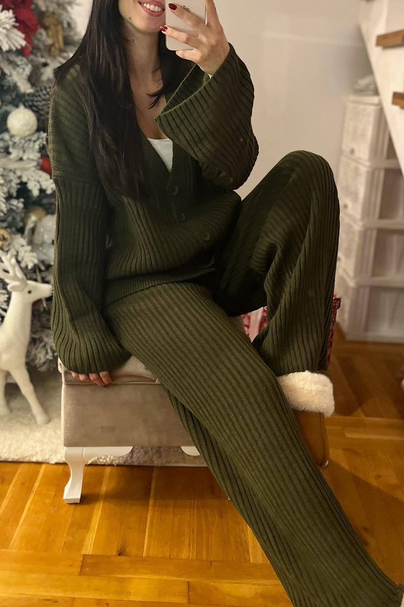Ribbed Button-Up Pants Set