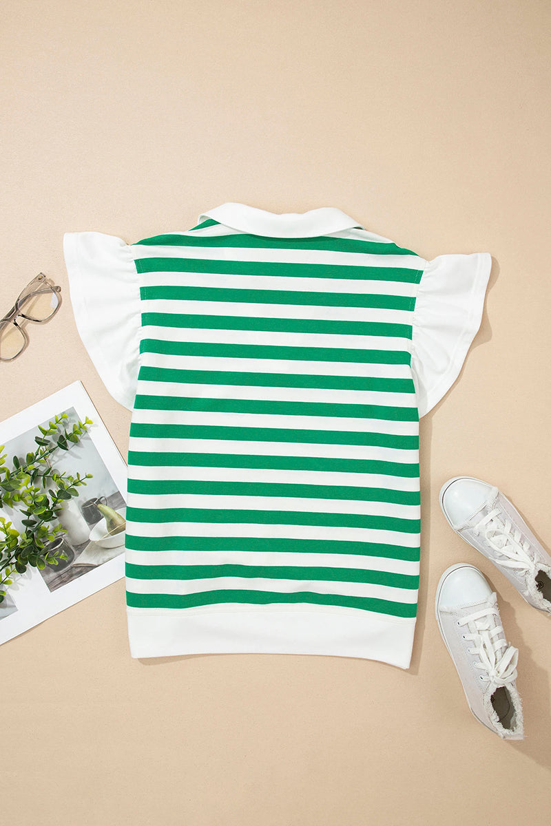 Striped V-Neck Ruffled Sleeve Blouse