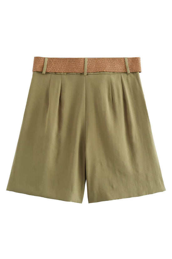 Pleated Casual Shorts with Woven Belt