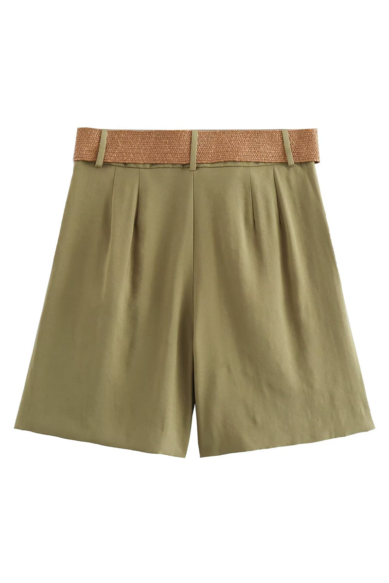 Pleated Casual Shorts with Woven Belt