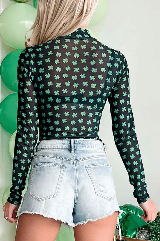St Patrick Shamrock Print Mesh Bodysuit