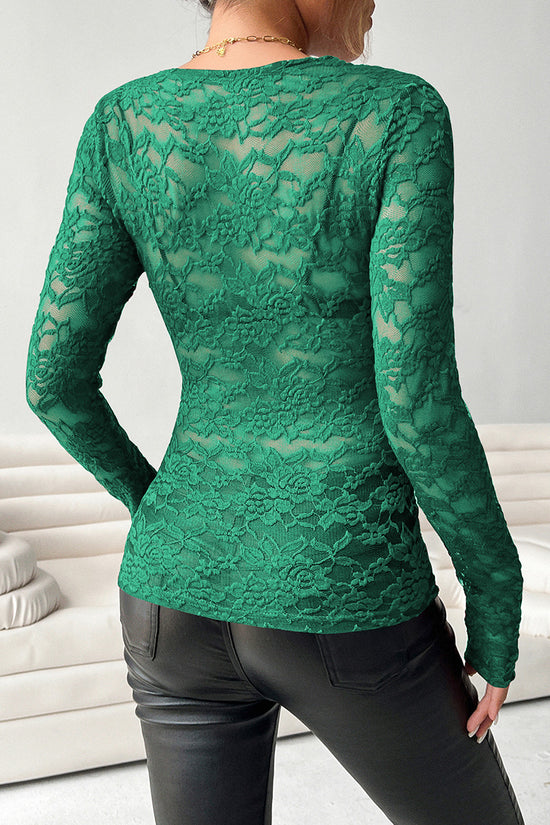 Scalloped Neck Long Sleeve Lace Top