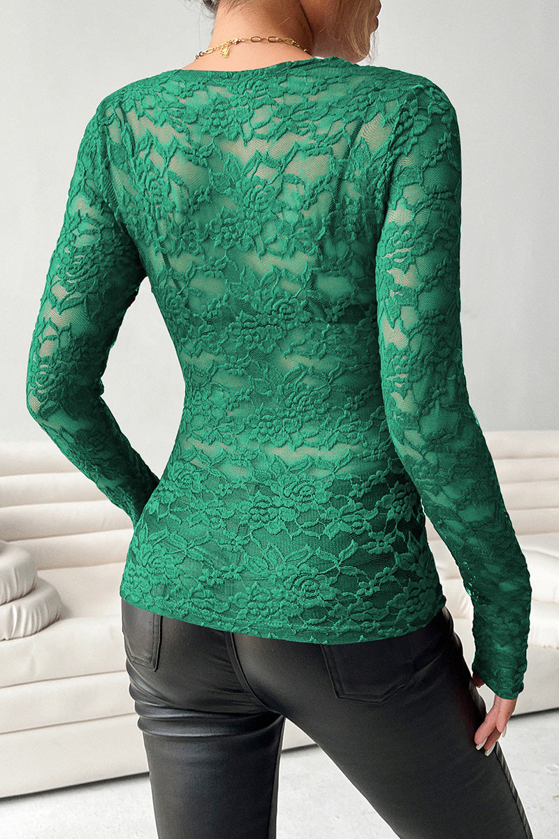 Scalloped Neck Long Sleeve Lace Top