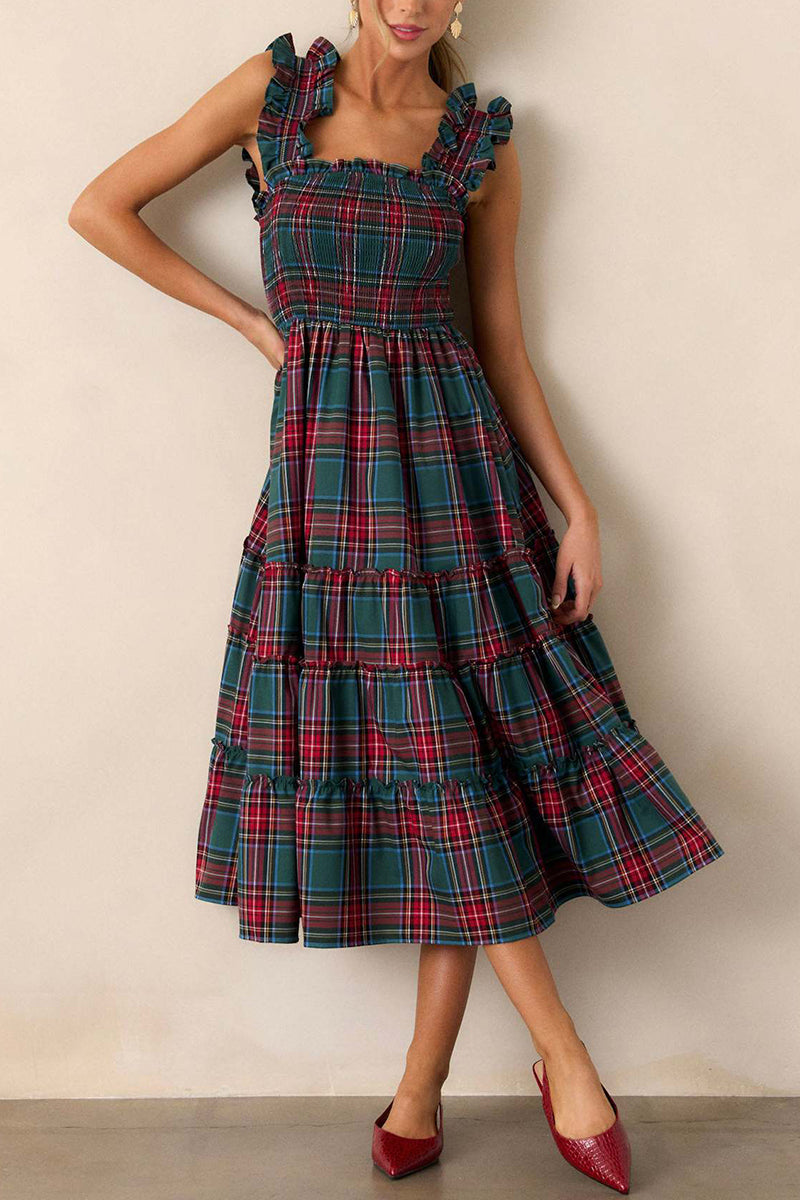 Ruffled Plaid Sleeveless Casual Dress