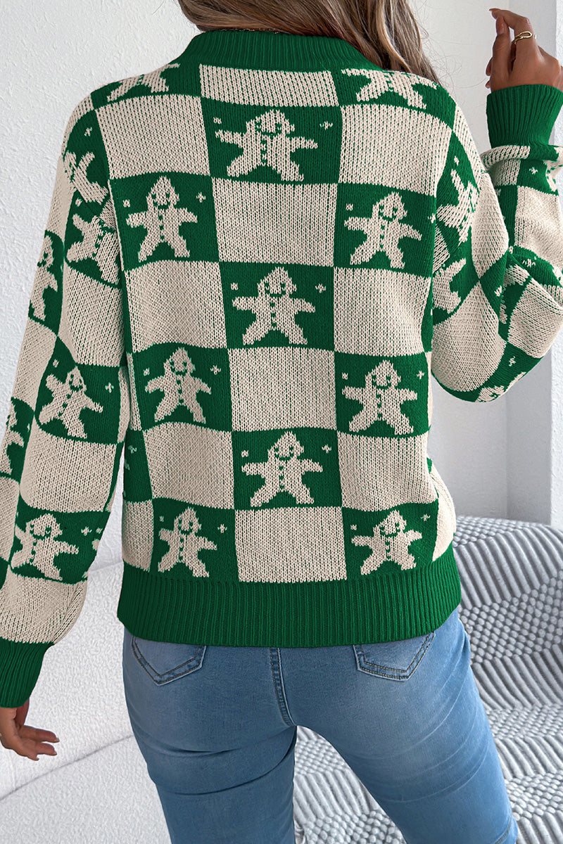Festive Checkered Sweater with Gingerbread Design
