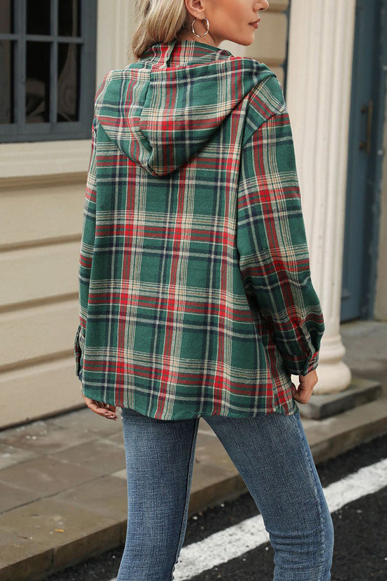 Plaid Hooded Button-Up Blouse