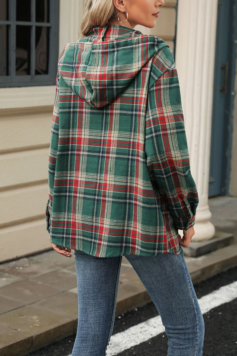 Plaid Hooded Button-Up Blouse