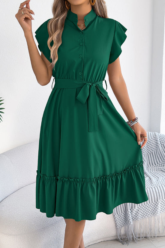 Ruffled Button-Up Belted Casual Dress