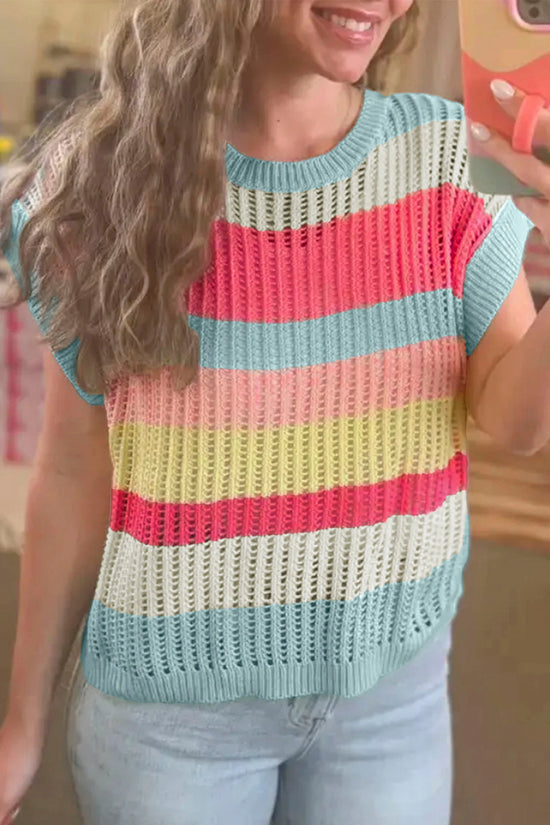Striped Hollow-Out Knit Short Sleeve Sweater