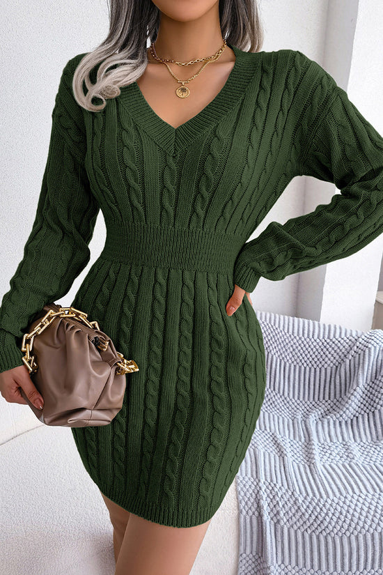 Cable Knit V-Neck Casual Sweater Dress