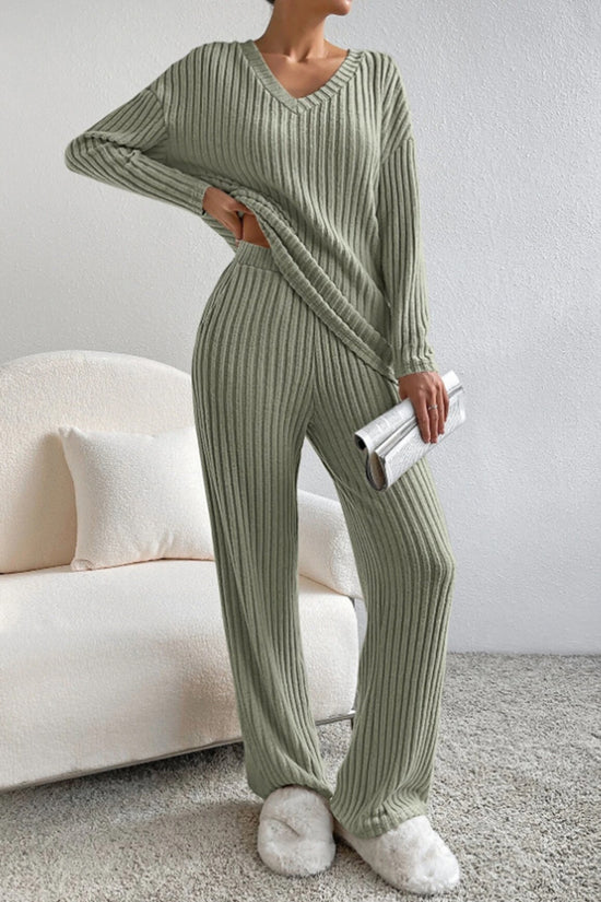 Ribbed V-Neck Pants Set