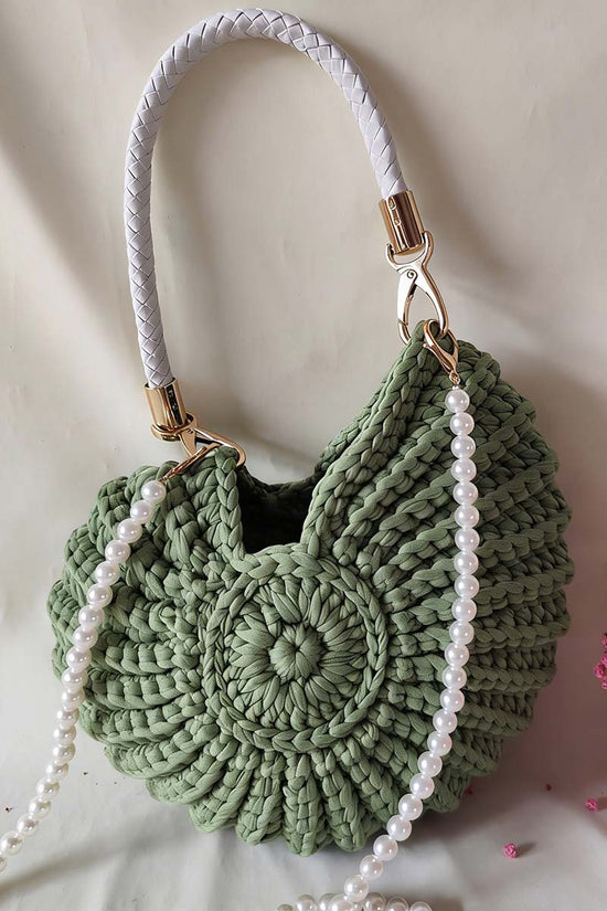 Chic Knit Handbag with Pearl Strap