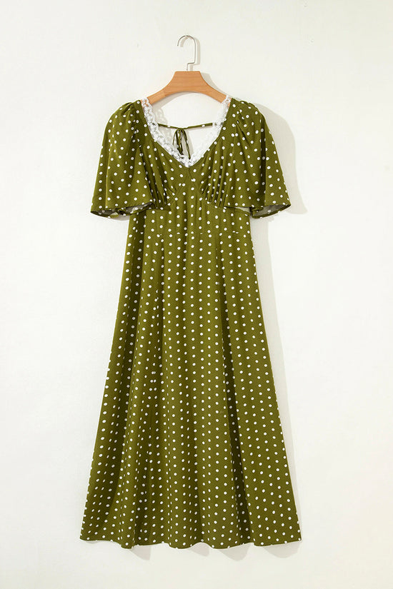 Polka Dot Lacy Neck Smocked Maxi Dress