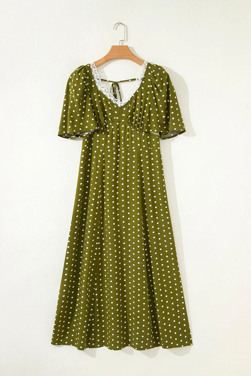 Polka Dot Lacy Neck Smocked Maxi Dress