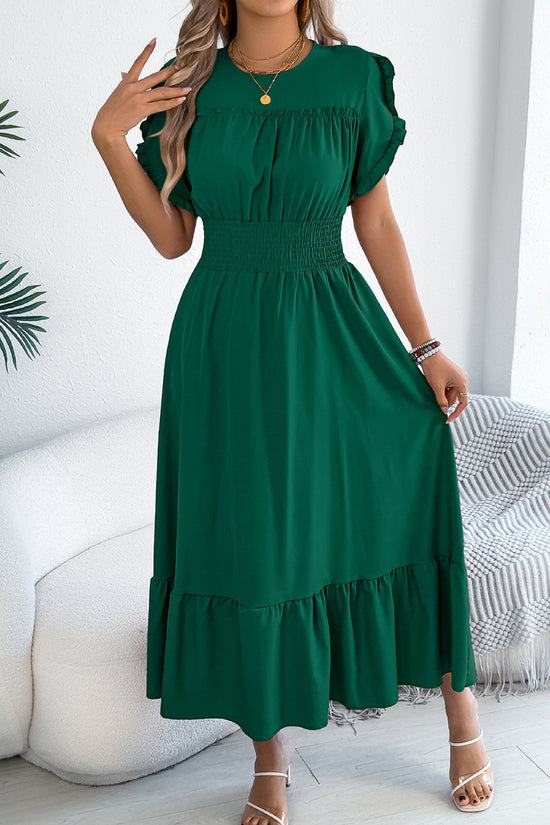 Ruffled Short Sleeve Casual Midi Dress