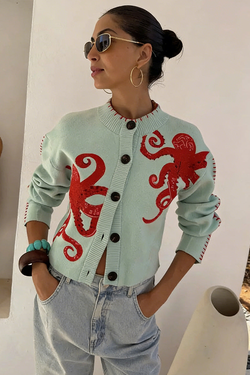 Octopus Embellished Button-Up Cardigan