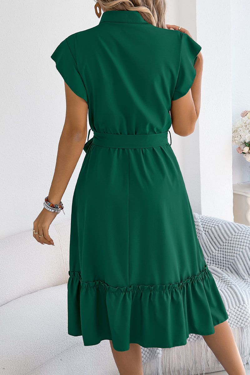 Ruffled Button-Up Belted Casual Dress