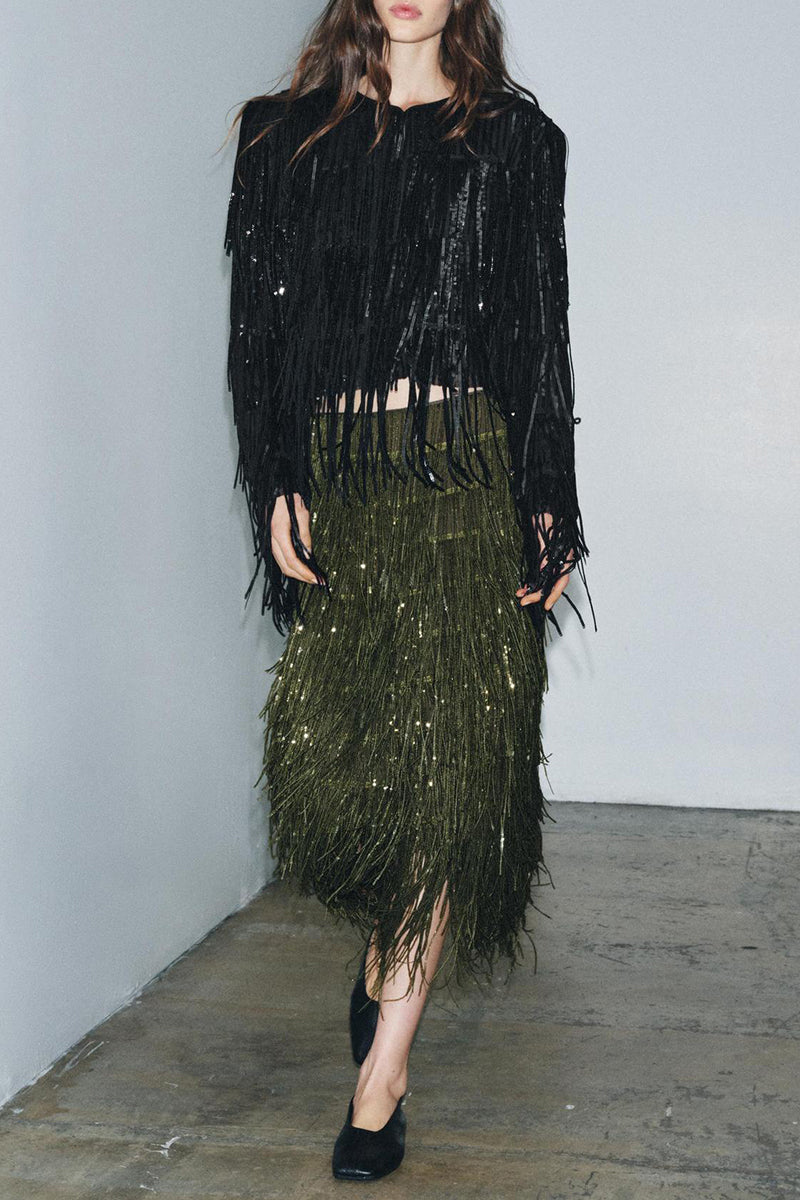 Fringe Detail Midi Skirt