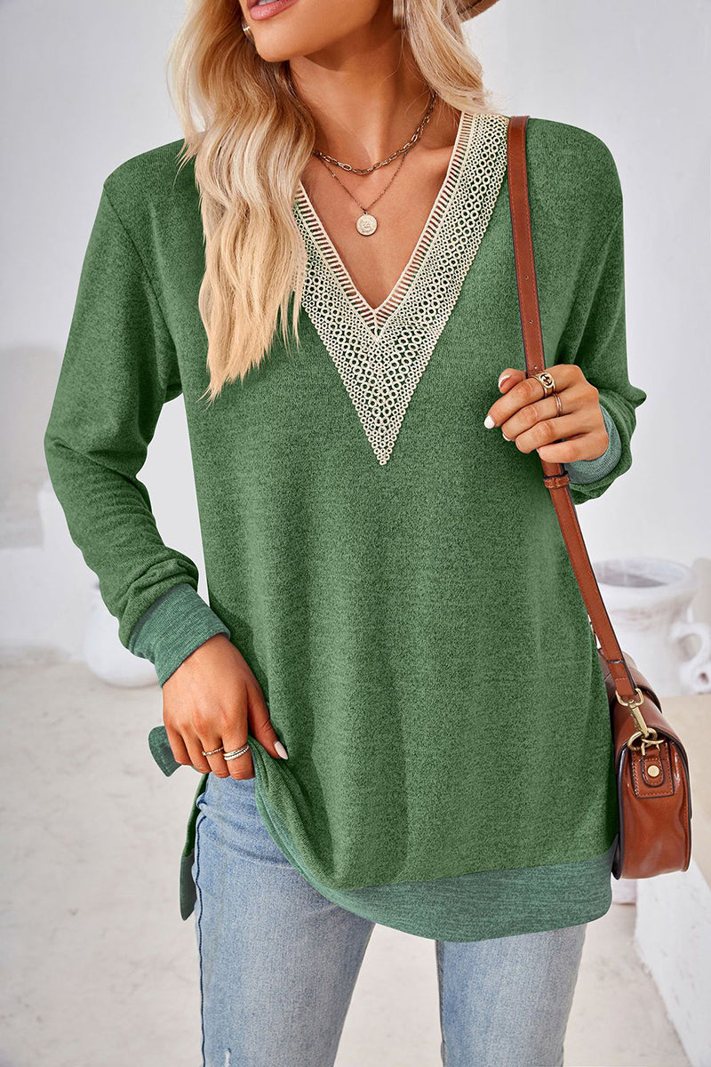 V-Neck Crochet Trim Long Sleeve Top
