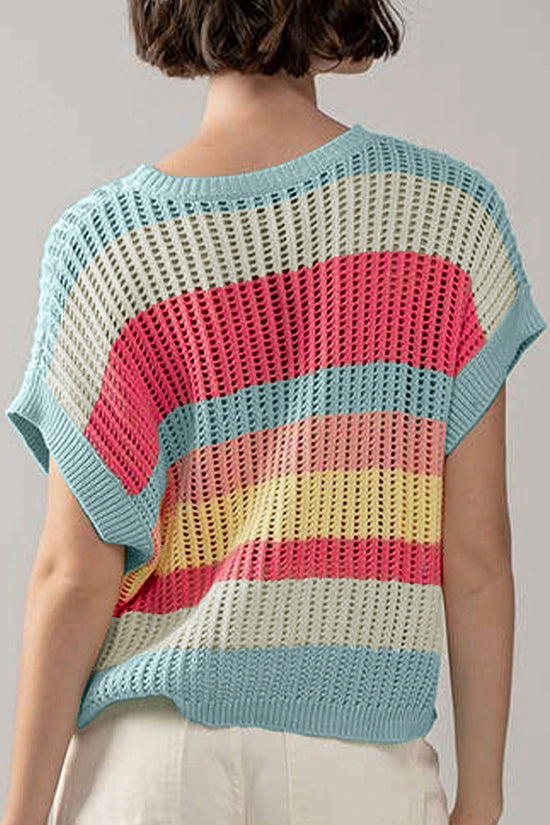 Striped Hollow-Out Knit Short Sleeve Sweater