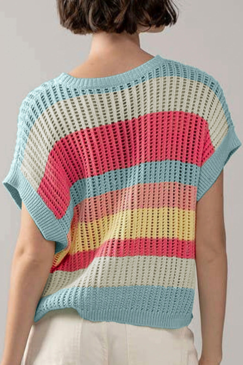 Striped Hollow-Out Knit Short Sleeve Sweater